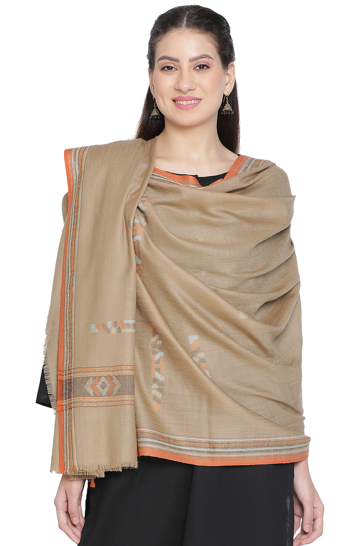 Beige Metallic Wool Dobby Shawl by Shingora at Pernia's Pop Up Shop