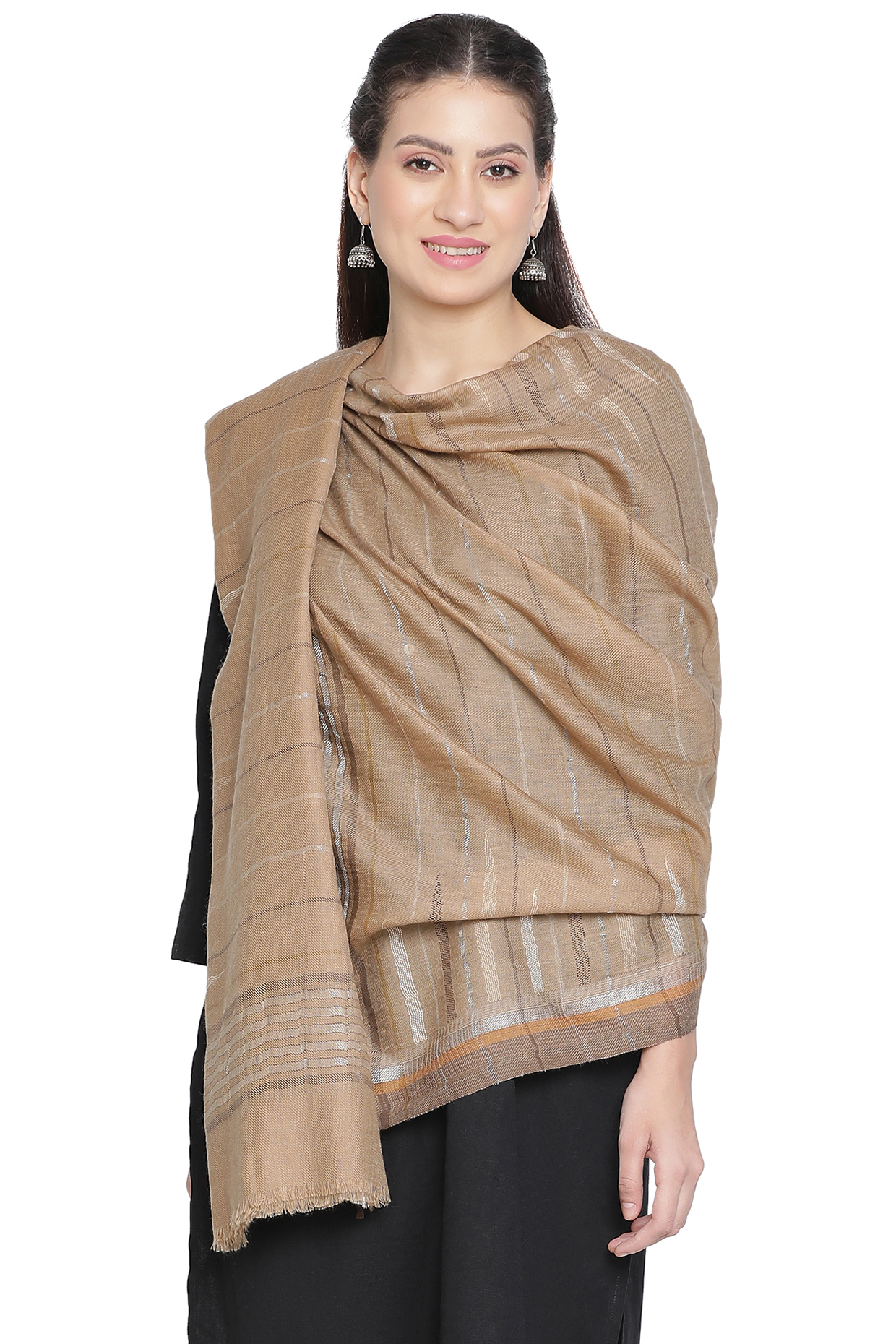 Beige Metallic Wool Dobby Shawl by Shingora