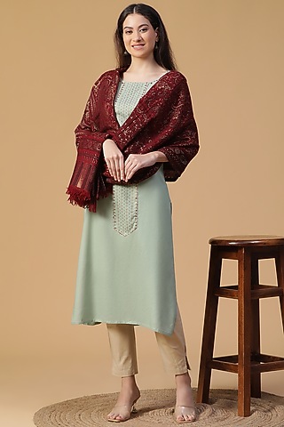Maroon Wool Lurex Jacquard Shawl by Shingora