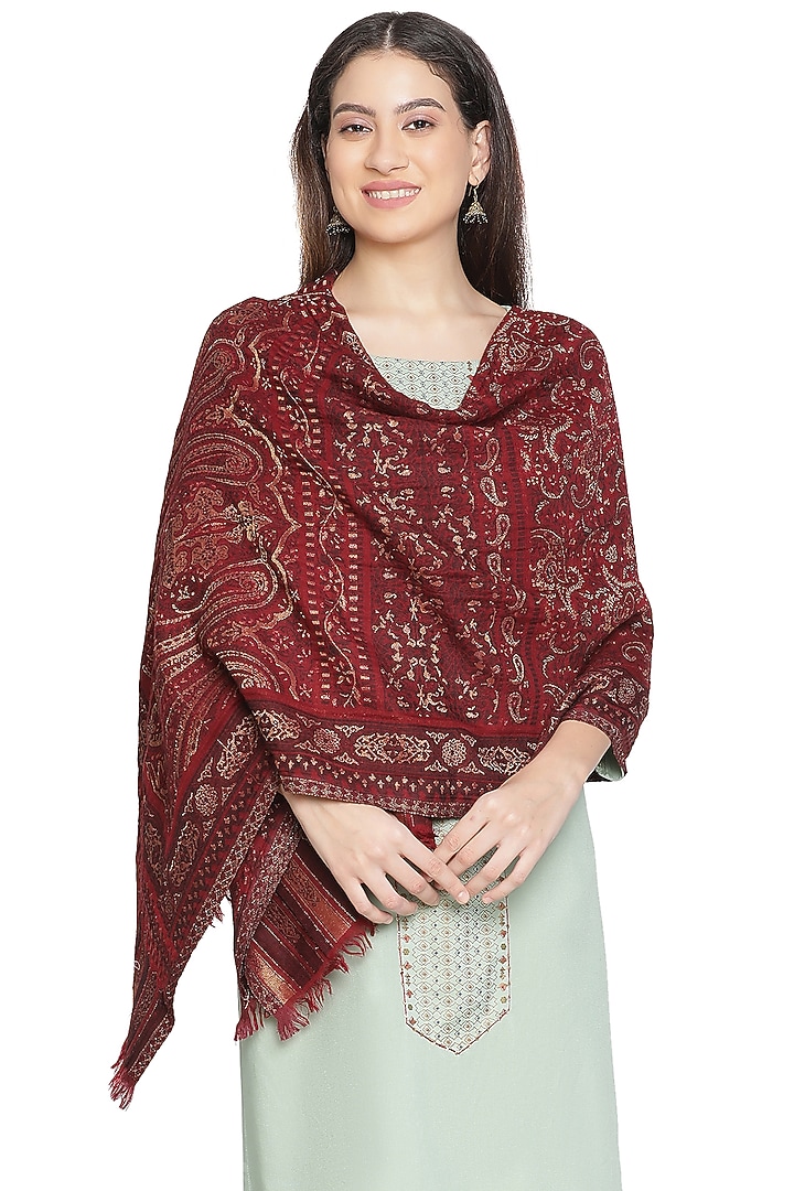 Maroon Wool Lurex Jacquard Shawl by Shingora at Pernia's Pop Up Shop