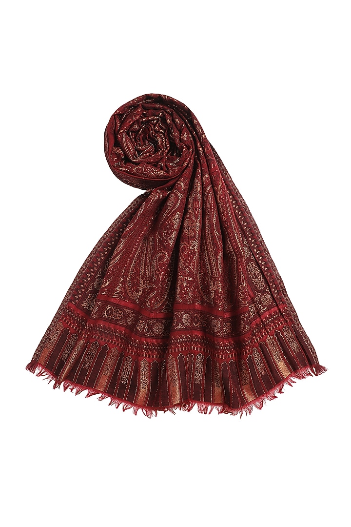 Maroon Wool Lurex Jacquard Shawl by Shingora at Pernia's Pop Up Shop
