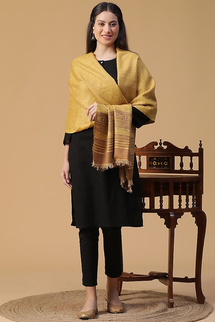 Yellow Wool Lurex Jacquard Shawl by Shingora