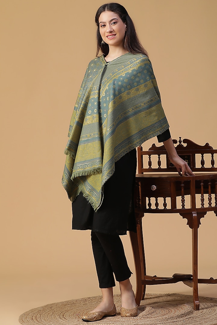 Green Wool Metallic Jacquard Shawl by Shingora