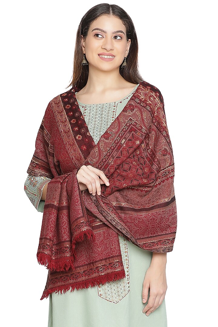 Maroon Wool Metallic Jacquard Shawl by Shingora at Pernia's Pop Up Shop