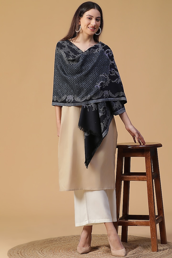 Blue Wool Lurex Jacquard Shawl by Shingora