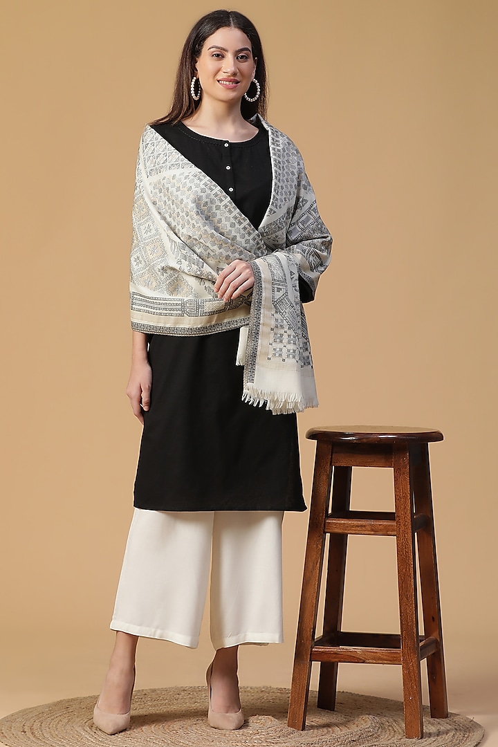 Beige Wool Lurex Metallic Kani Shawl by Shingora
