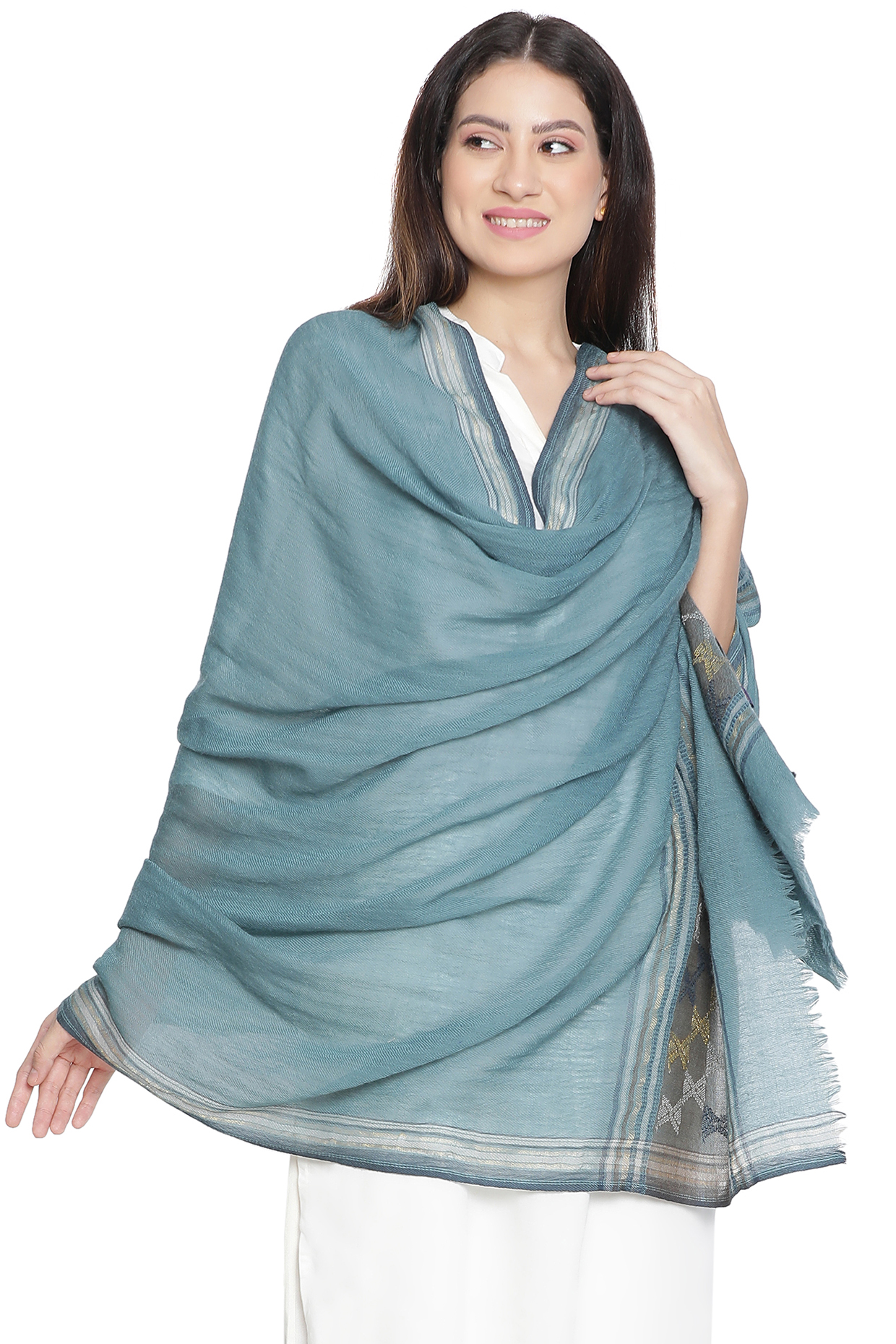 Blue Metallic Wool Dobby Shawl by Shingora at Pernia's Pop Up Shop