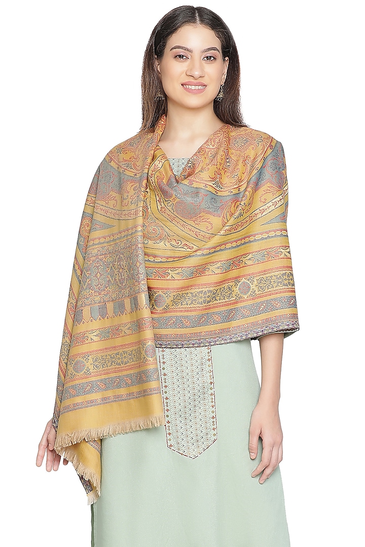 Yellow Metallic Wool Handcrafted Shawl by Shingora