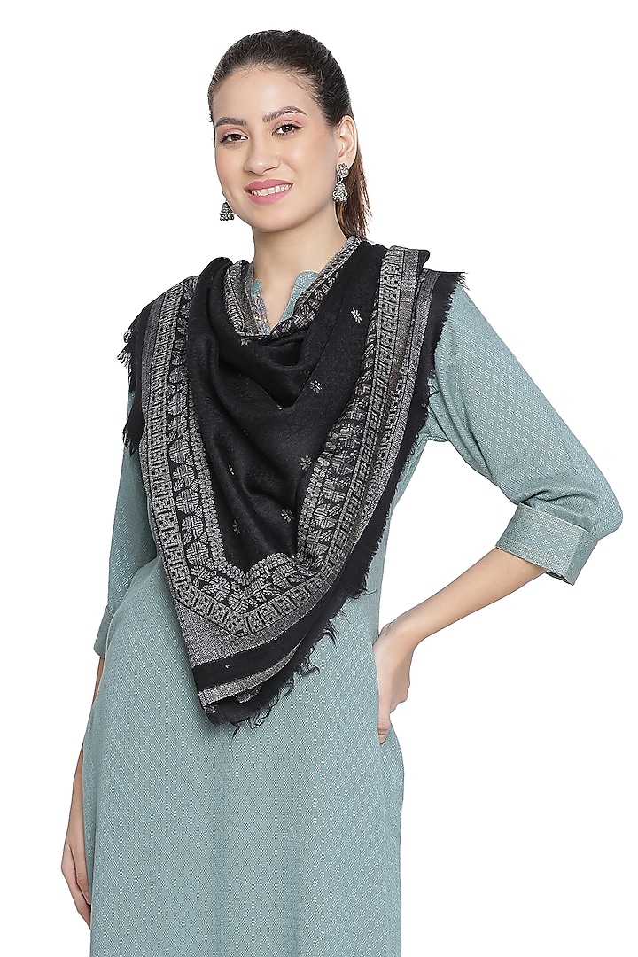 Black Metallic Wool Jacquard Stole by Shingora at Pernia's Pop Up Shop