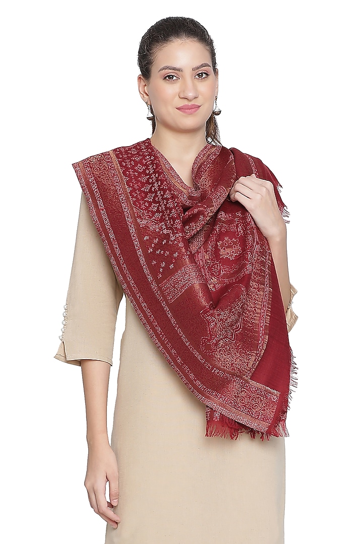 Maroon Metallic Wool Jacquard Stole Design by Shingora at Pernia's