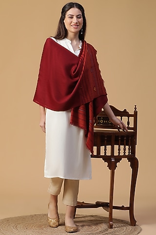Maroon Wool Lurex Dobby Shawl by Shingora