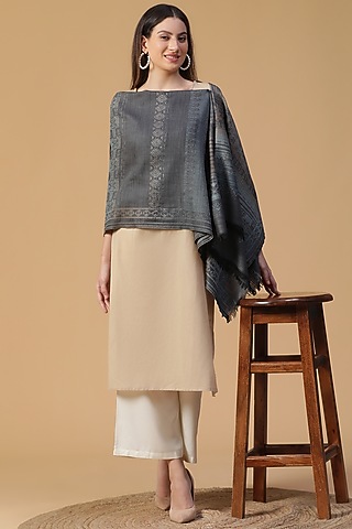 Grey Wool Lurex Jacquard Shawl by Shingora