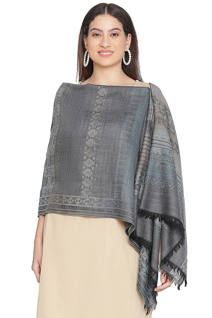 Grey Wool Lurex Jacquard Shawl by Shingora at Pernia's Pop Up Shop