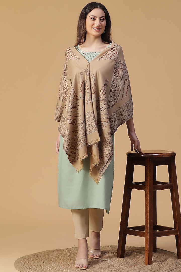 Beige Wool Lurex Jacquard Shawl by Shingora