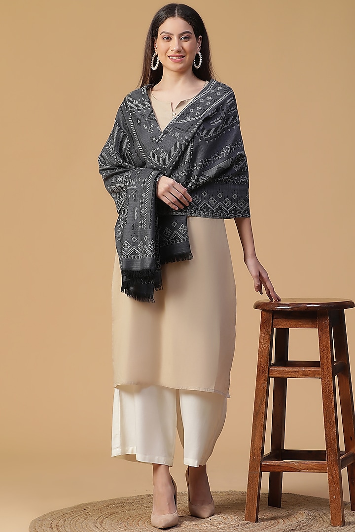 Grey Wool Jacquard Shawl by Shingora