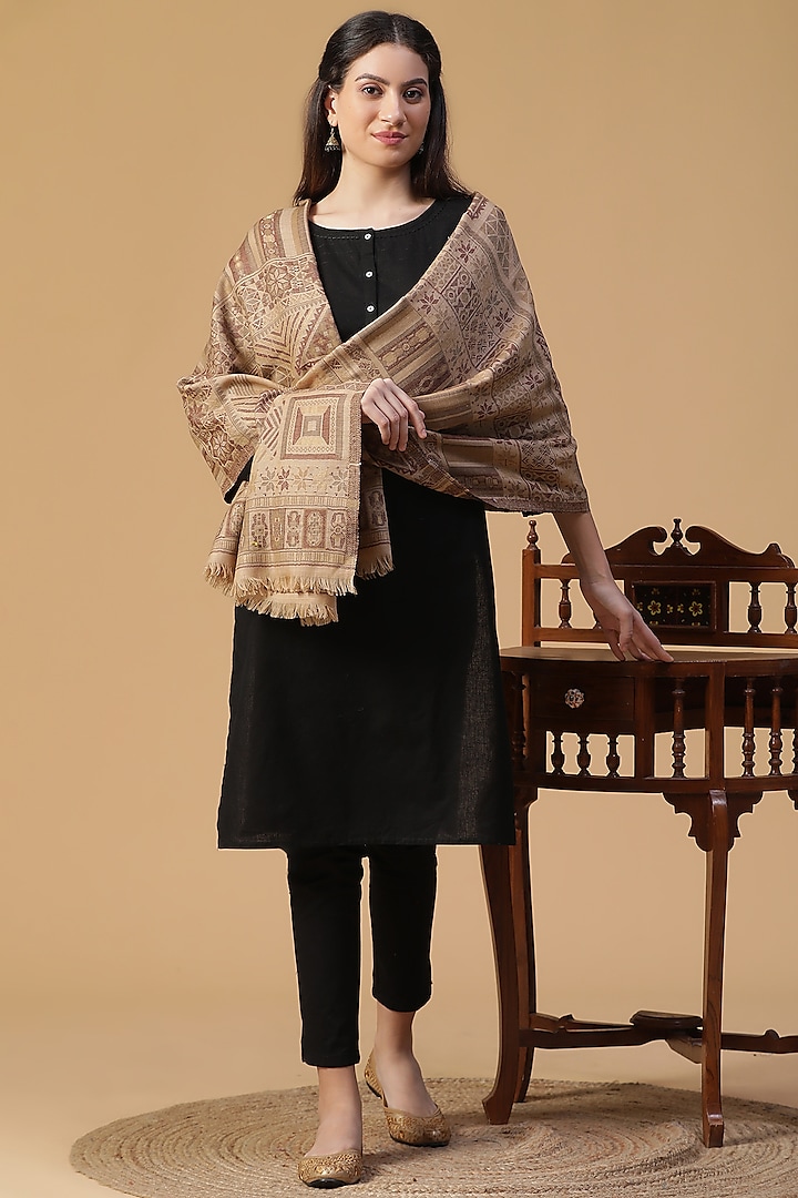 Beige Wool Lurex Jacquard Shawl by Shingora at Pernia's Pop Up Shop