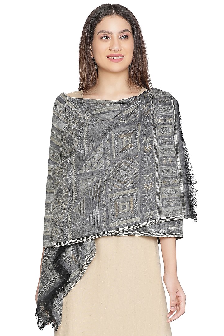 Grey Wool Lurex Jacquard Shawl by Shingora at Pernia's Pop Up Shop