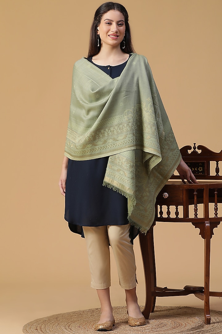 Green Wool Lurex Jacquard Shawl by Shingora