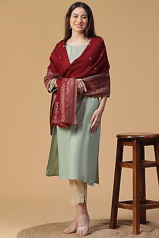 Maroon Wool Lurex Jacquard Shawl by Shingora