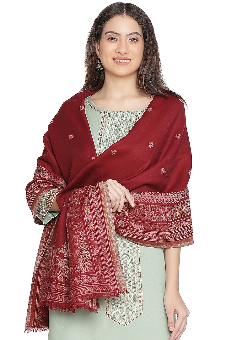 Maroon Wool Lurex Jacquard Shawl by Shingora at Pernia's Pop Up Shop