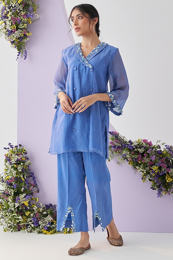 Blue Mul Chanderi Sequins Embroidered Kurta Set by Shipraa Grover