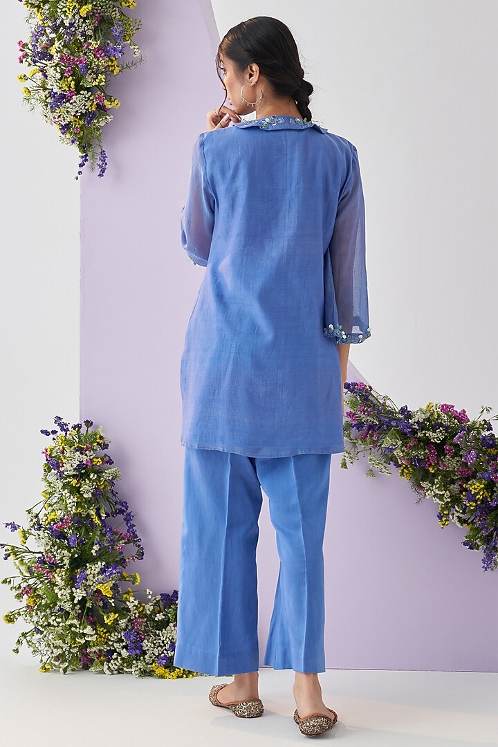 Blue Mul Chanderi Sequins Embroidered Kurta Set by Shipraa Grover at Pernia's Pop Up Shop