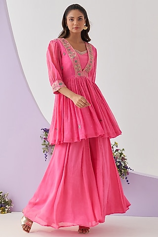 Pink Chinon Chiffon Sharara Set by Shipraa Grover