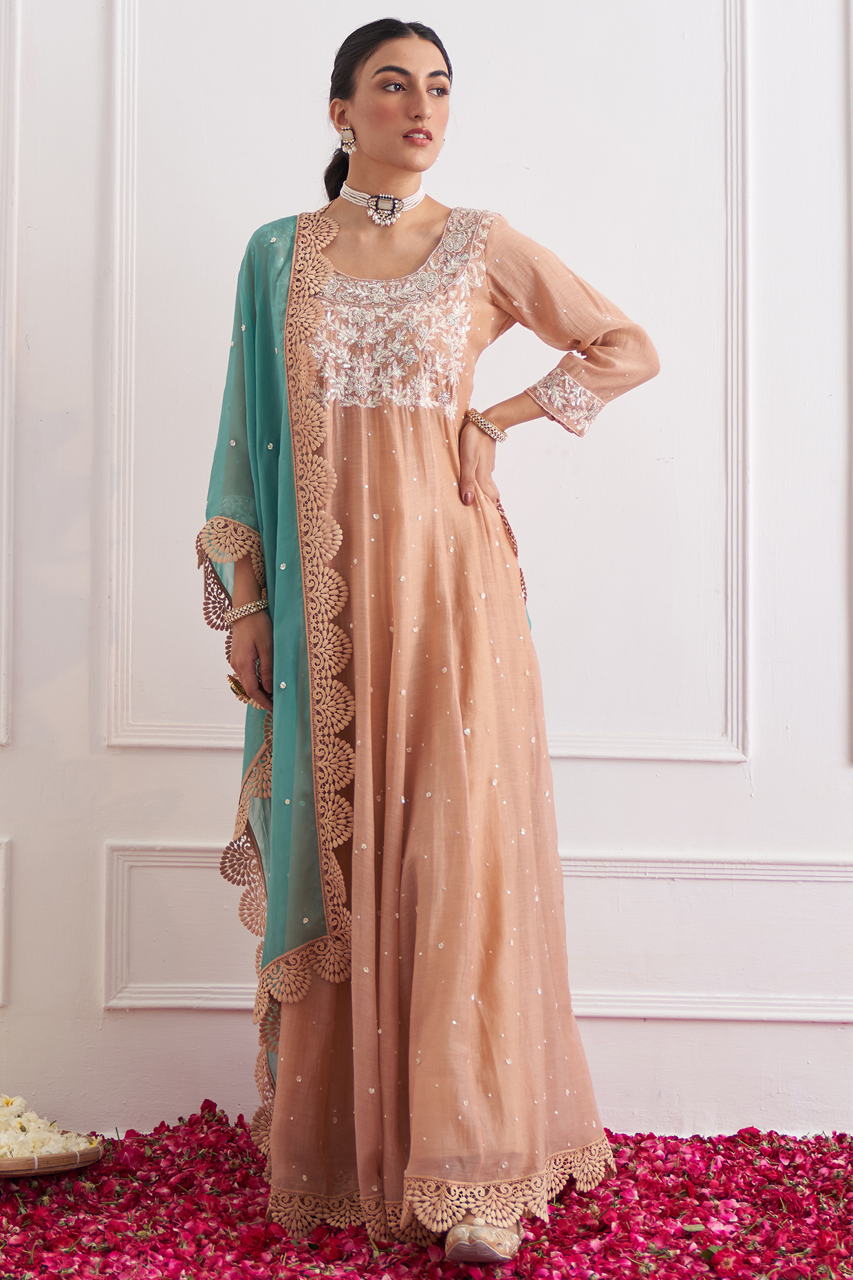Beige Cotton Mal Hand Embroidered Anarkali Set by Shipraa Grover