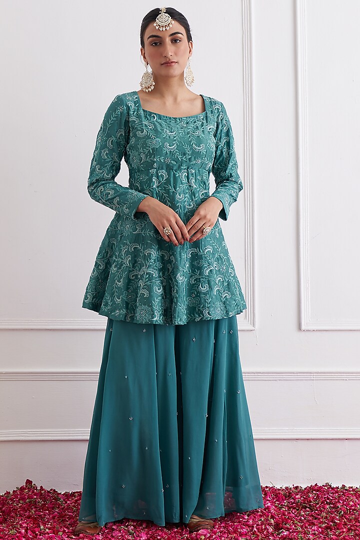 Green Georgette Sharara Set by Shipraa Grover