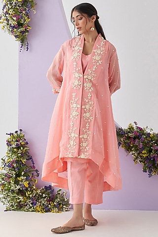 Pink Organza Embroidered Kurta Set by Shipraa Grover