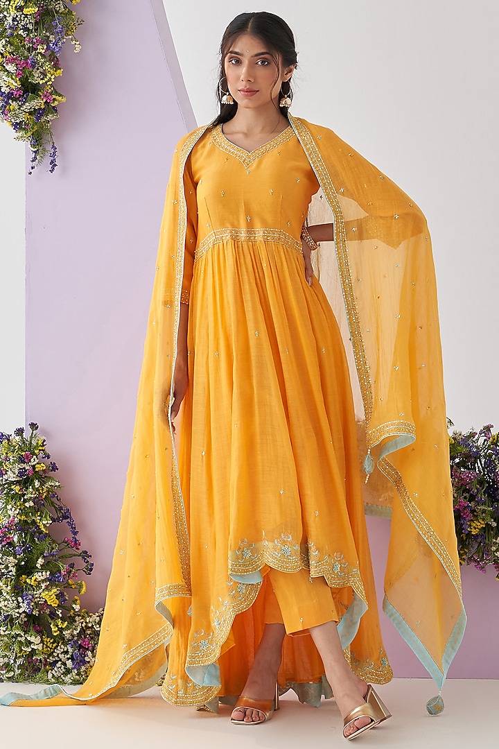 Yellow Chanderi Mul Embroidered Anarkali Set by Shipraa Grover