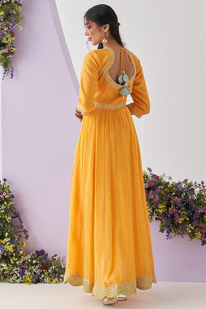 Yellow Chanderi Mul Embroidered Party Wear Anarkali Set by Shipraa Grover at Pernia's Pop Up Shop
