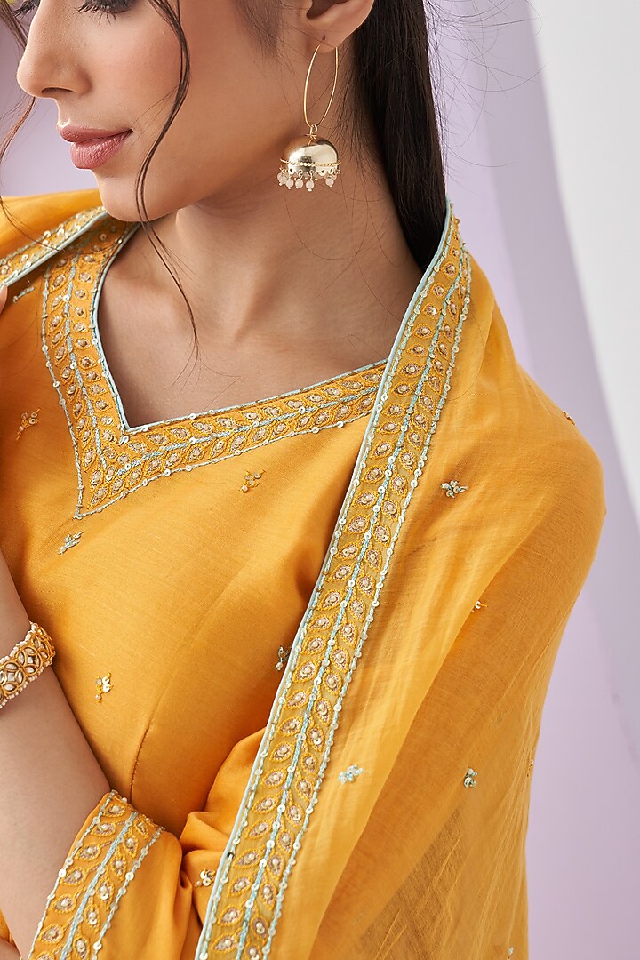 Yellow Chanderi Mul Embroidered Party Wear Anarkali Set by Shipraa Grover at Pernia's Pop Up Shop