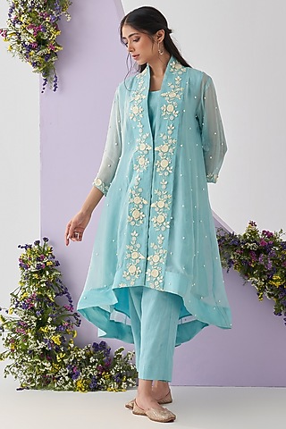 Blue Organza Embroidered Kurta Set by Shipraa Grover