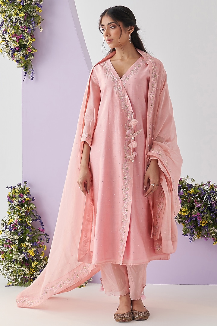 Pastel Pink Chanderi Embellished Kurta Set by Shipraa Grover