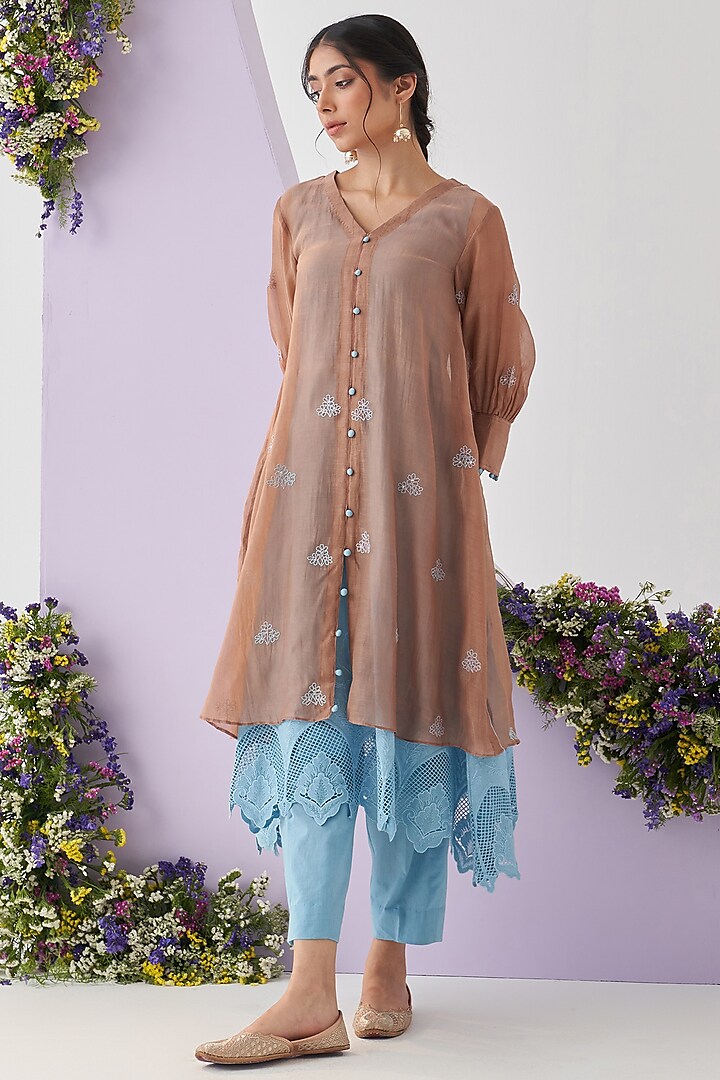 Brown Mul Chanderi Embroidered Kurta Set by Shipraa Grover