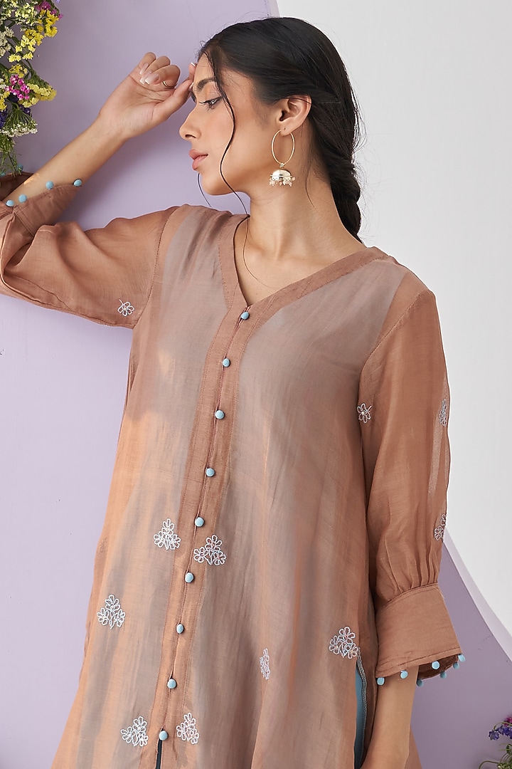 Brown Mul Chanderi Embroidered Kurta Set by Shipraa Grover at Pernia's Pop Up Shop
