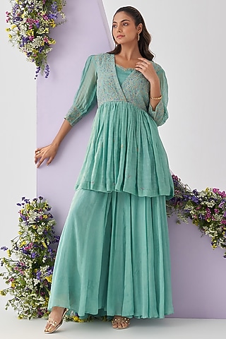 Turquoise Chinon Chiffon Sharara Set by Shipraa Grover
