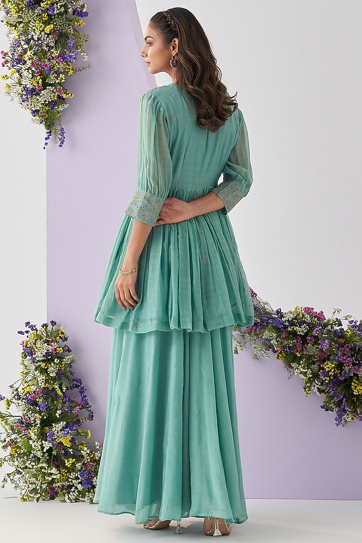 Turquoise Chinon Chiffon Sharara Set by Shipraa Grover at Pernia's Pop Up Shop