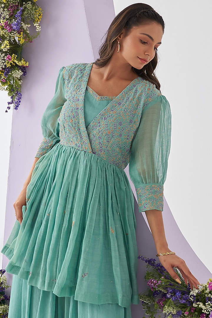Turquoise Chinon Chiffon Sharara Set by Shipraa Grover at Pernia's Pop Up Shop