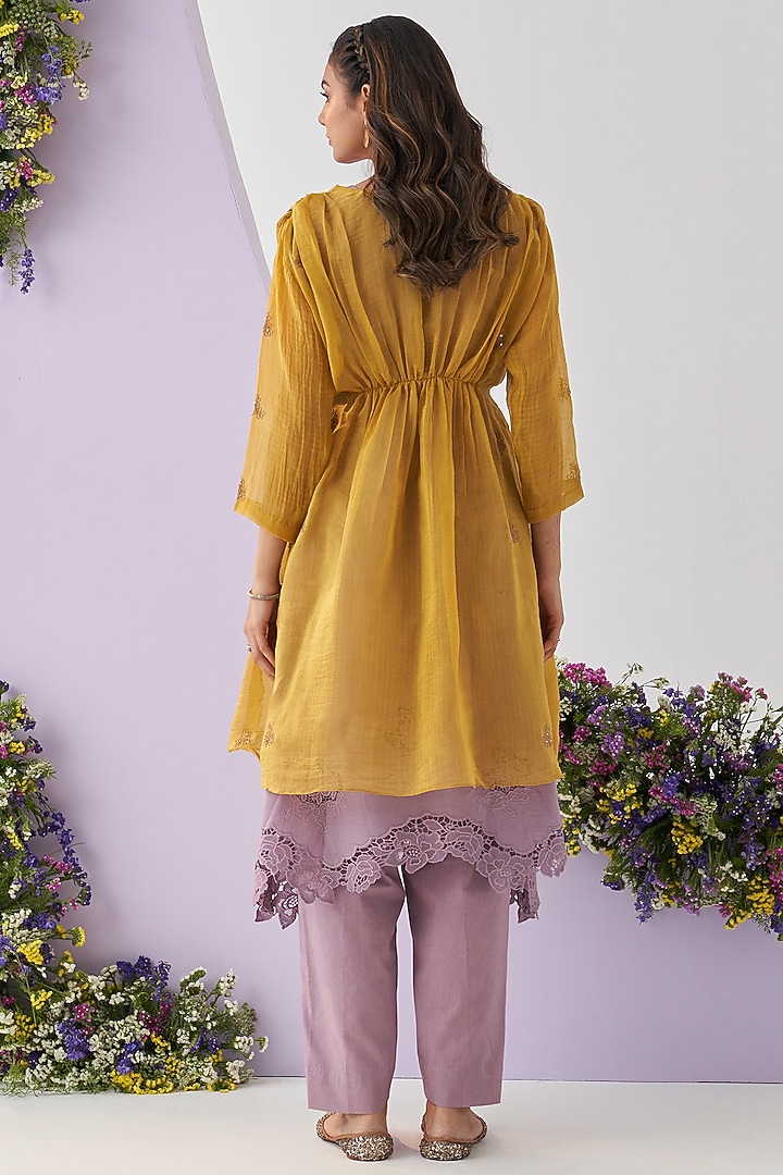 Yellow Mul Chanderi Embroidered Kurta Set by Shipraa Grover at Pernia's Pop Up Shop