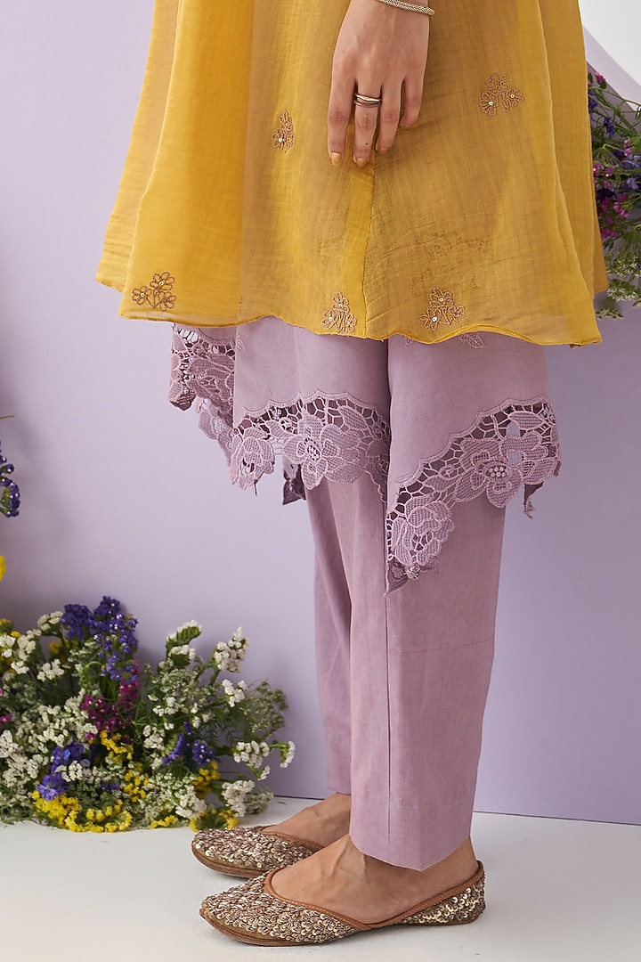 Yellow Mul Chanderi Embroidered Kurta Set by Shipraa Grover at Pernia's Pop Up Shop