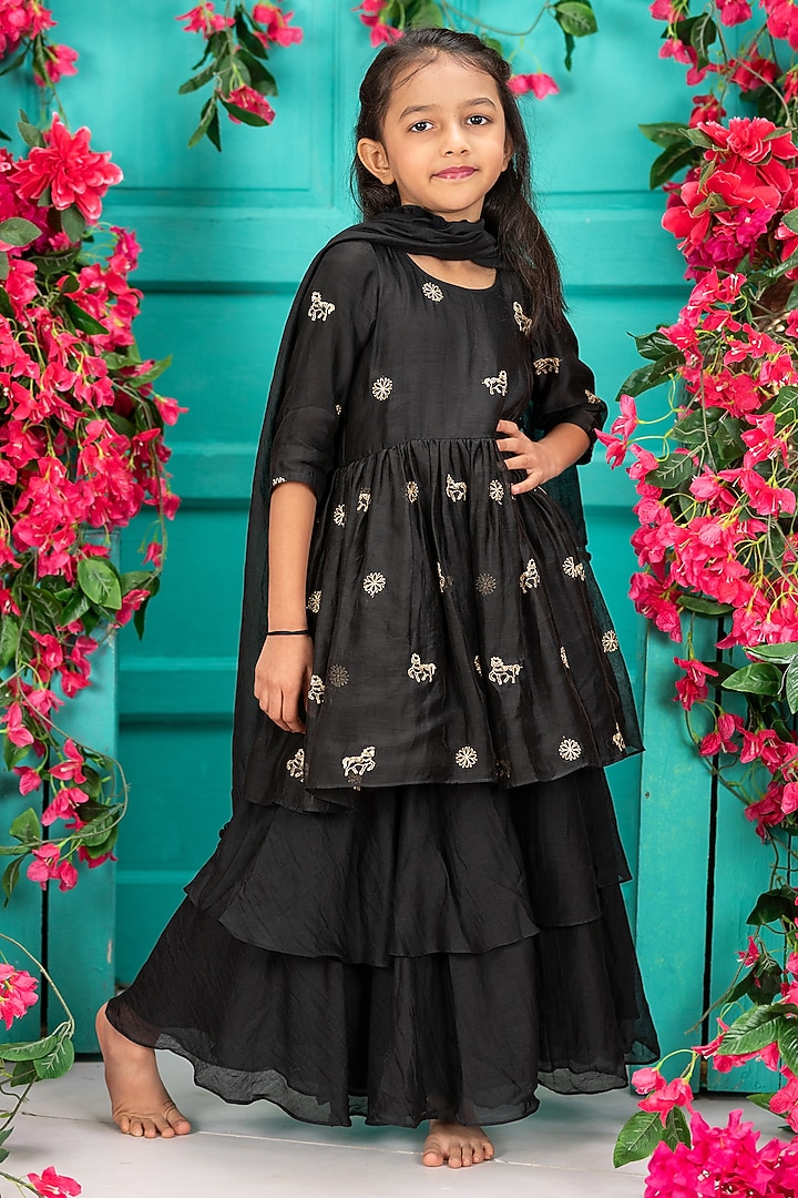Black Chanderi Layered Gharara Set For Girls by SHRUTI JALAN at Pernia's Pop Up Shop