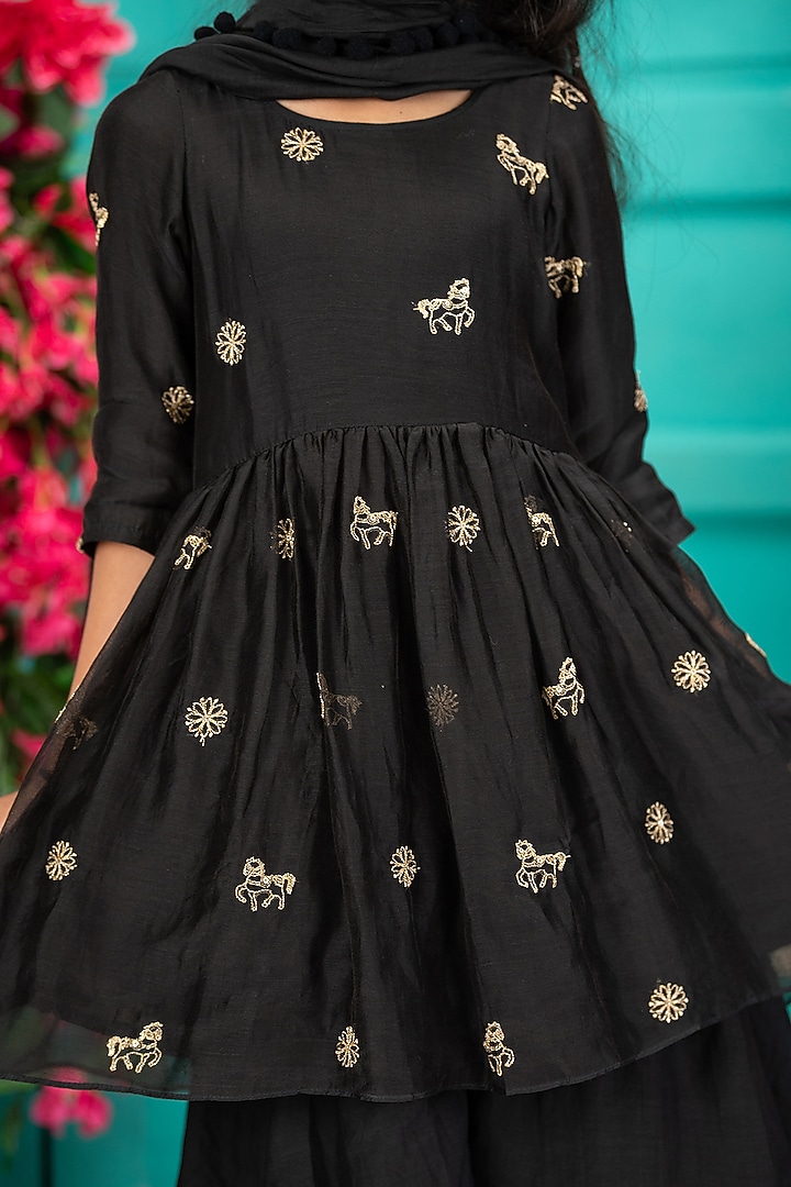 Black Chanderi Layered Gharara Set For Girls by SHRUTI JALAN at Pernia's Pop Up Shop