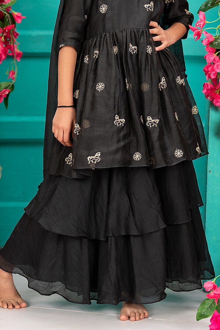 Black Chanderi Layered Gharara Set For Girls by SHRUTI JALAN at Pernia's Pop Up Shop