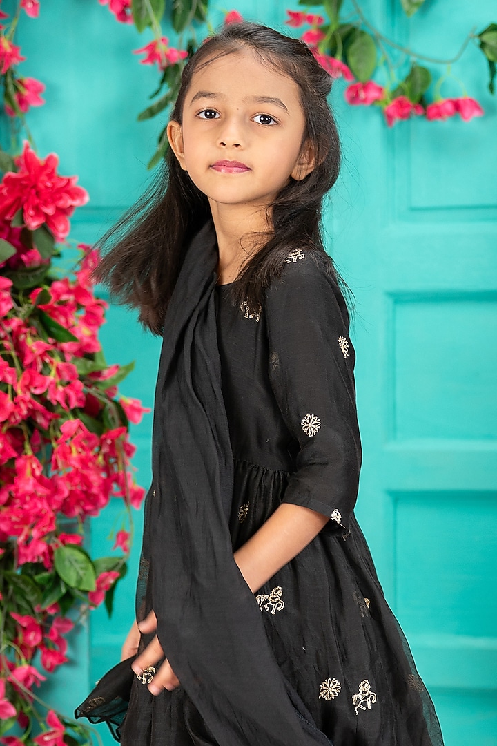 Black Chanderi Layered Gharara Set For Girls by SHRUTI JALAN at Pernia's Pop Up Shop