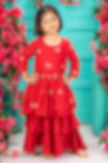 Red Chanderi Layered Gharara Set For Girls by SHRUTI JALAN at Pernia's Pop Up Shop