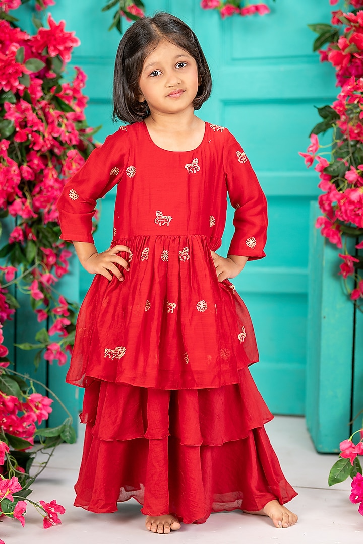 Red Chanderi Layered Gharara Set For Girls by SHRUTI JALAN at Pernia's Pop Up Shop