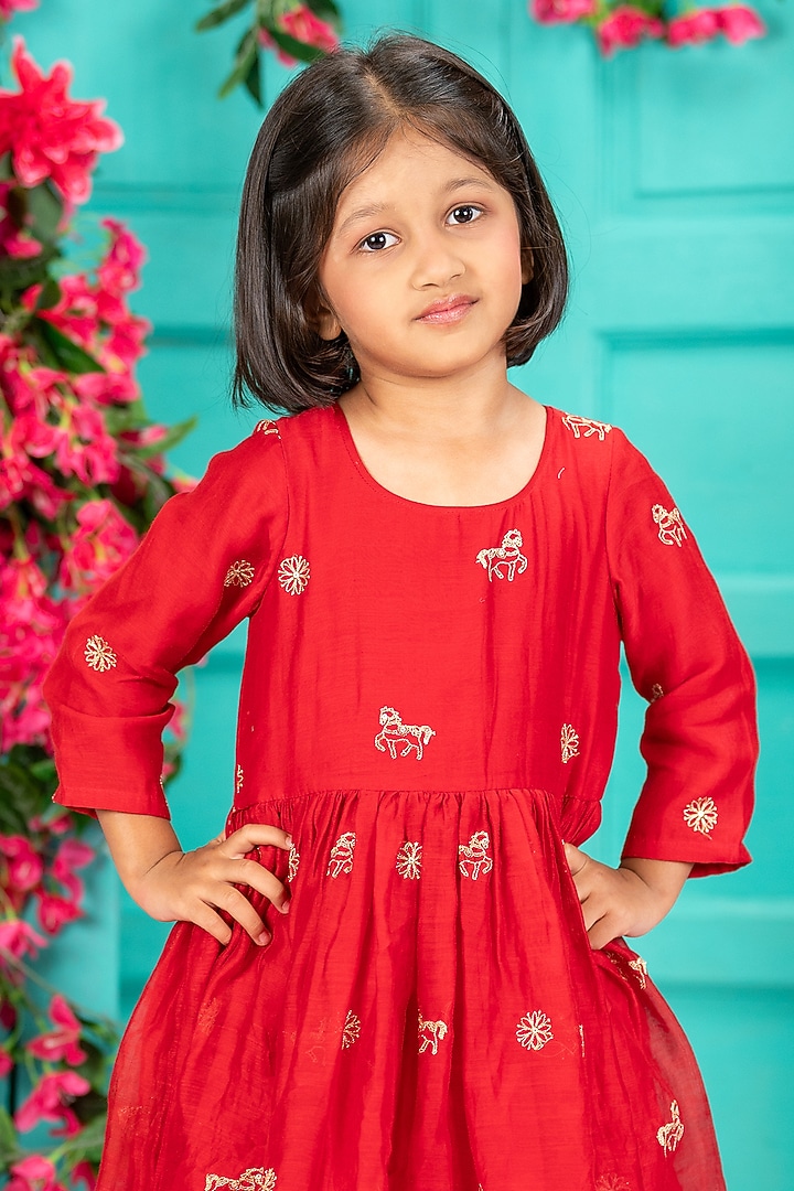 Red Chanderi Layered Gharara Set For Girls by SHRUTI JALAN at Pernia's Pop Up Shop