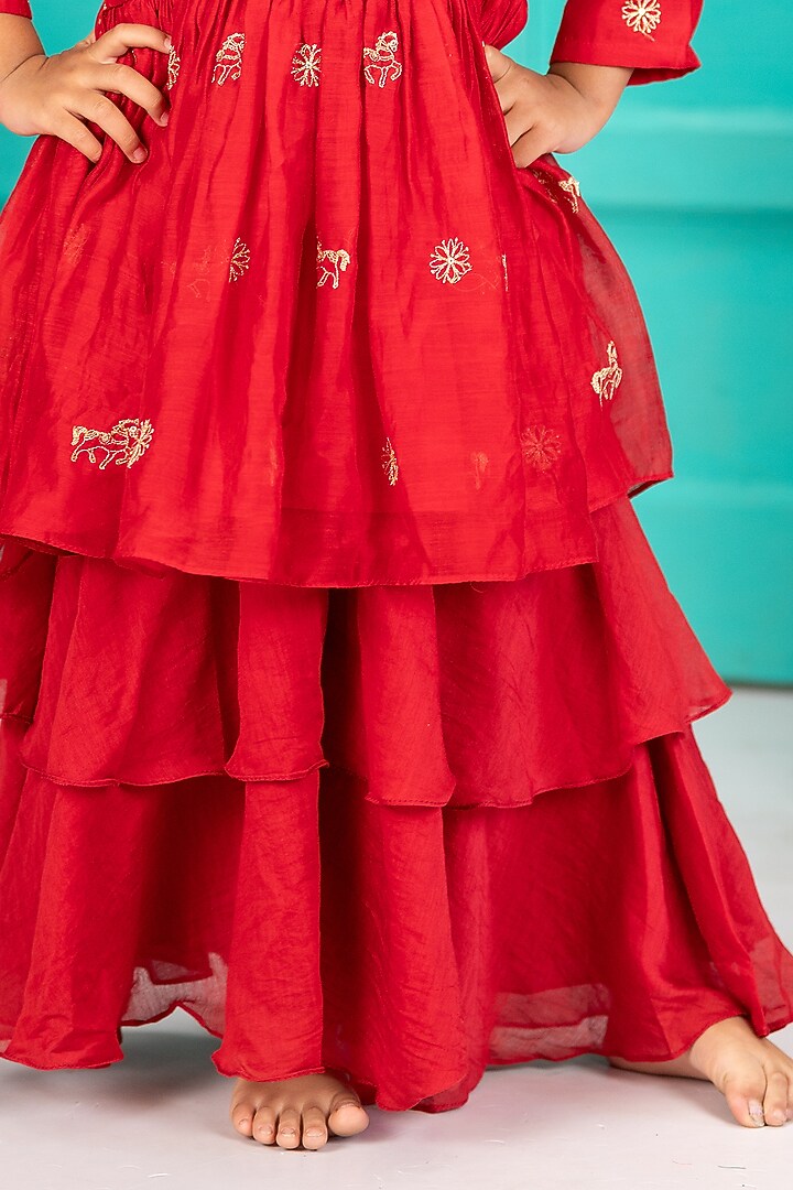 Red Chanderi Layered Gharara Set For Girls by SHRUTI JALAN at Pernia's Pop Up Shop